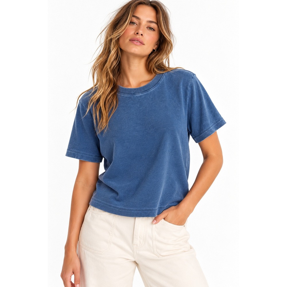 Z Supply Curran Knit Denim Sweatshirt Blue Short Sleeve Crew Neck Top Medium